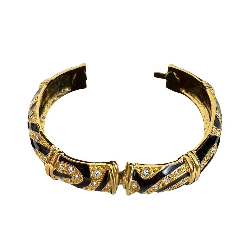 Y2k Rhinestone Gold Black Enamel Bracelet Vintage Hinged Clasp - Picture 6 of 16